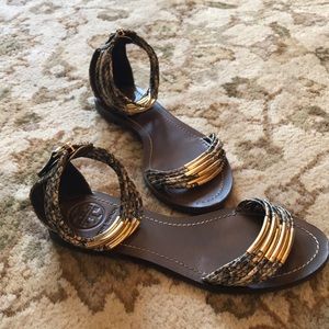 EUC 7 Tory Burch gold snakeskin gladiator sandals